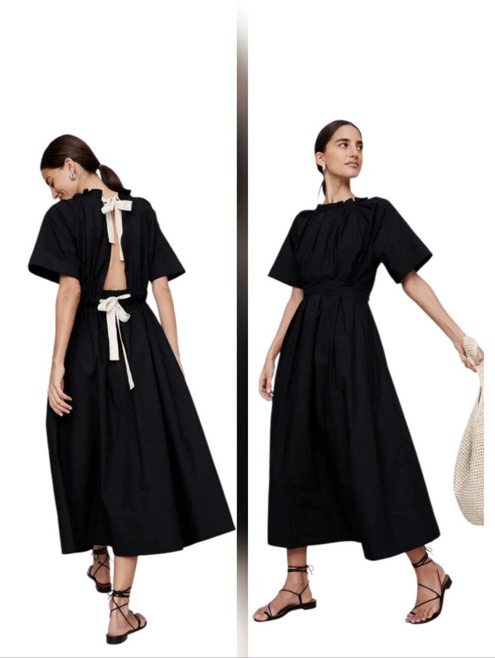 Banana Republic Maxi dress women's medium black cotton poplin open back pleated